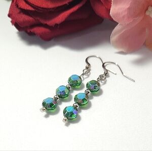 Handmade Sterling Silver Green AB Glass Beaded Dangle Earrings Emerald Green